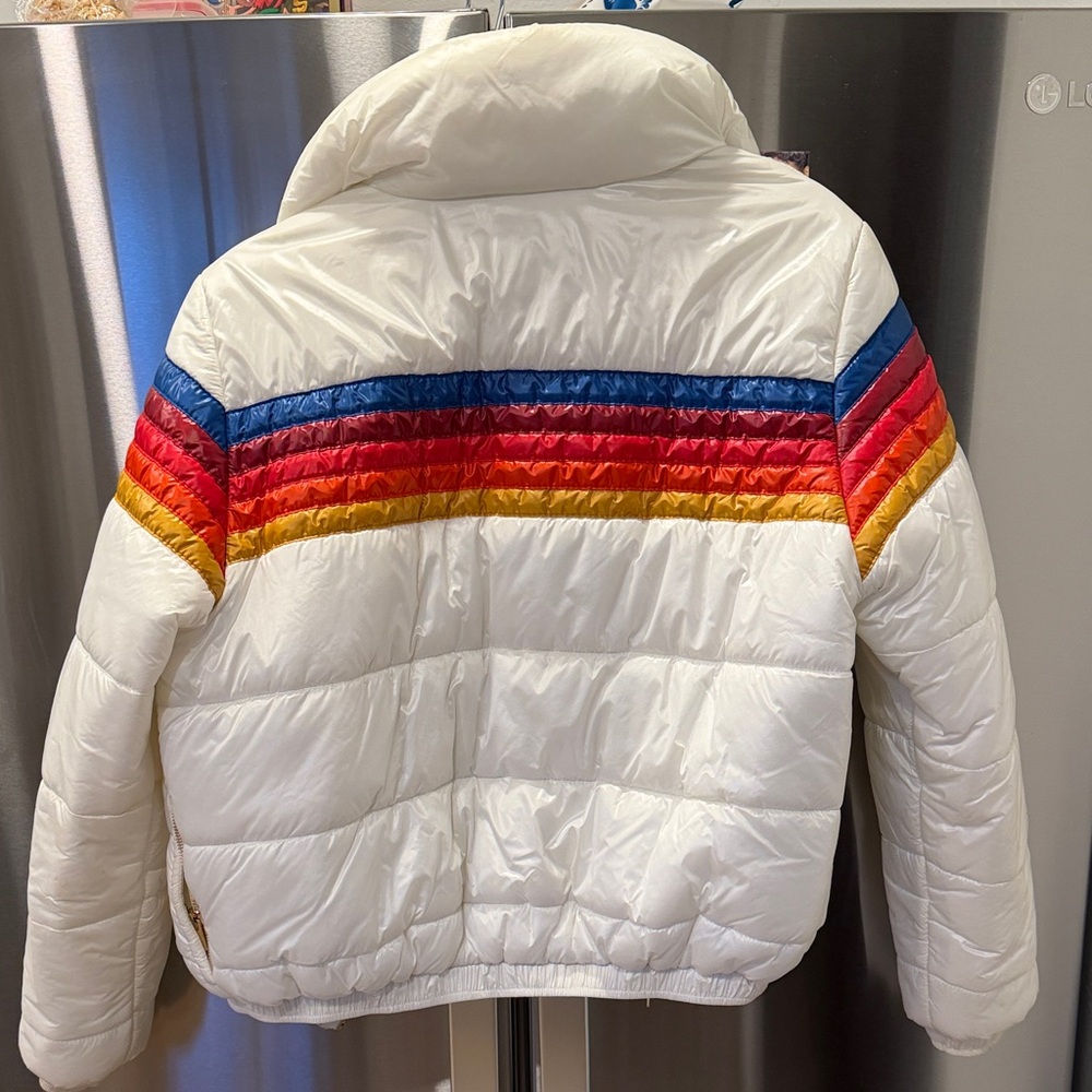 Aviator Nation White Puffer Jacket with Rainbow Stripes - Picture 2 of 2